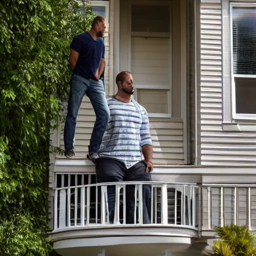 Prompt: A giant man kneeling in front of a house to talk to a regular sized man who is standing on the second floor balcony