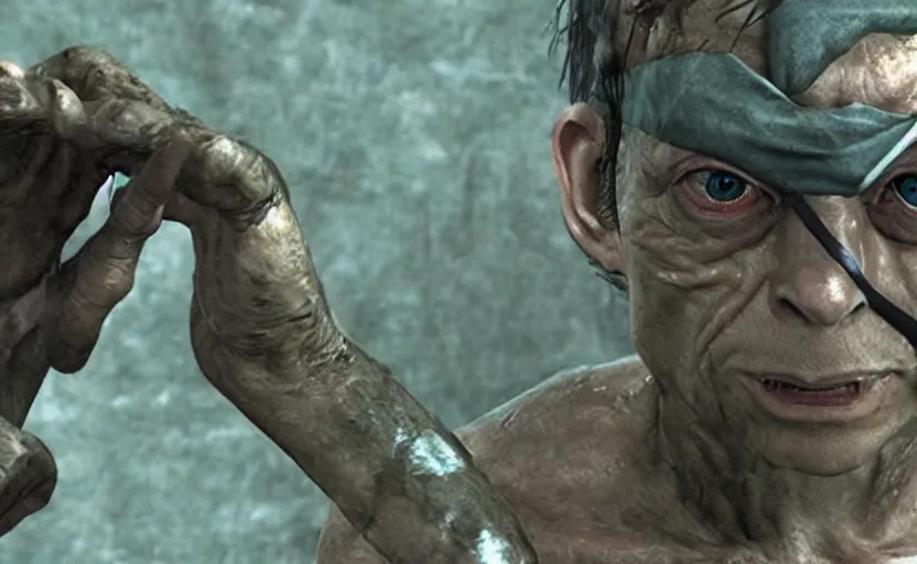 Image similar to a screenshot of gollum as solid snake in metal gear solid 3,