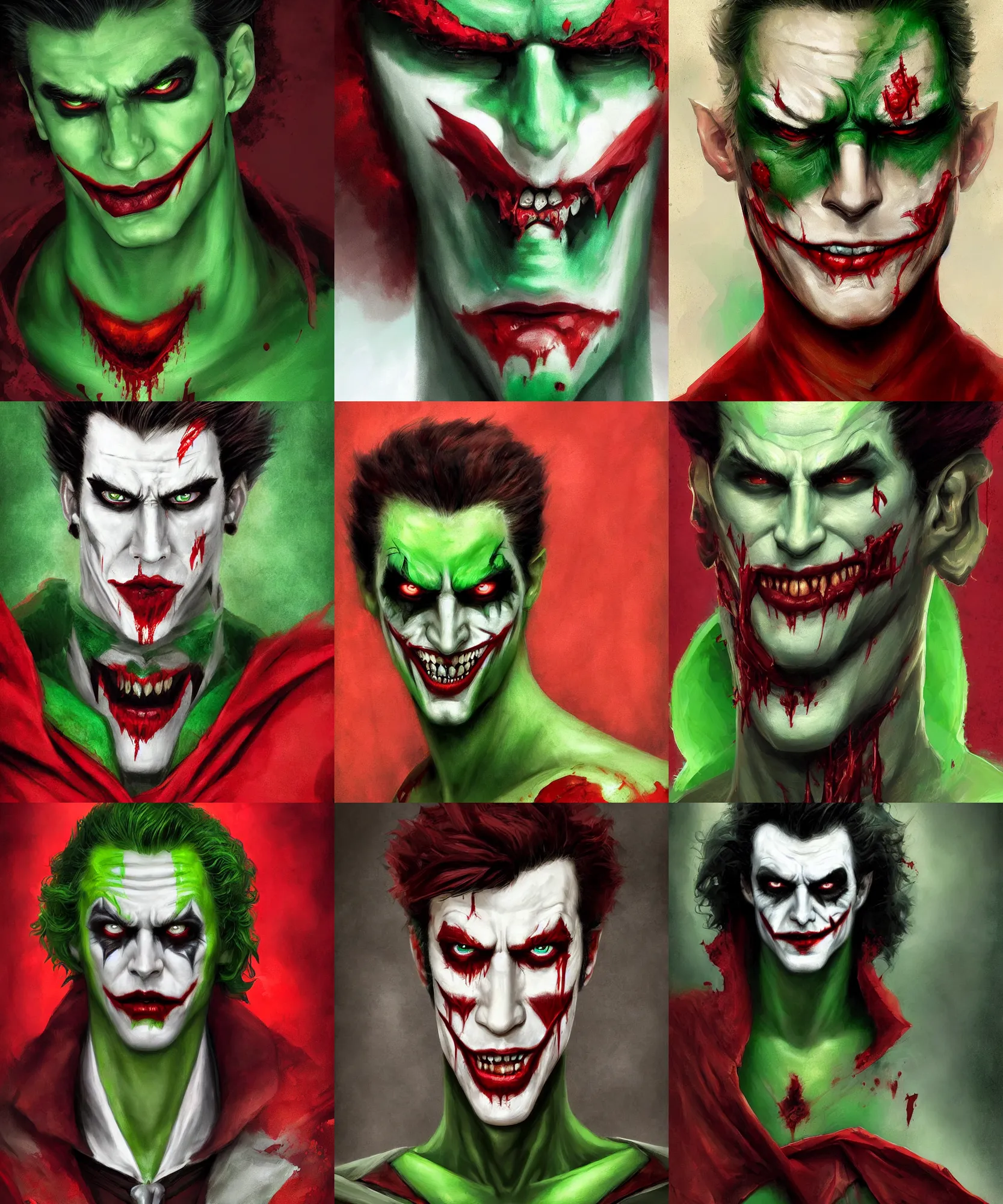 Prompt: digital art painting of young handsome guy extremely masculine face dnd portrait, vampire, red eyes, crimson color blood tears, remarkable joker make up, wearing a green superhero costume painted by craig mullins and gaston bussiere and greg rutkowski, symmetrical face, defined facial features, symmetrical facial features, dramatic lighting, close up