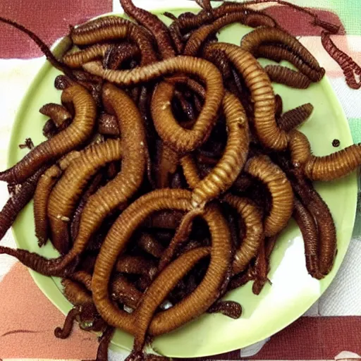 Prompt: fried earthworms