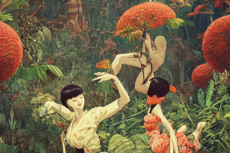 Image similar to evangelionic illustration, a lot of exotic vegetation, trees, tremendous pleasure, flowers, oldschool vintage sci - fi flat surreal design, super - detailed, oil painting by satoshi kon, hd, 4 k, high quality