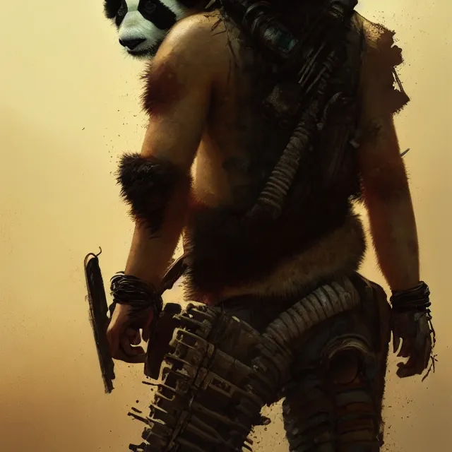 Prompt: hyper realistic photography portrait of postapocalyptic madmax cyberpunk asian japanese face panda vallejo, back shot, craig mullins greg rutkowski, artstation, cgsociety