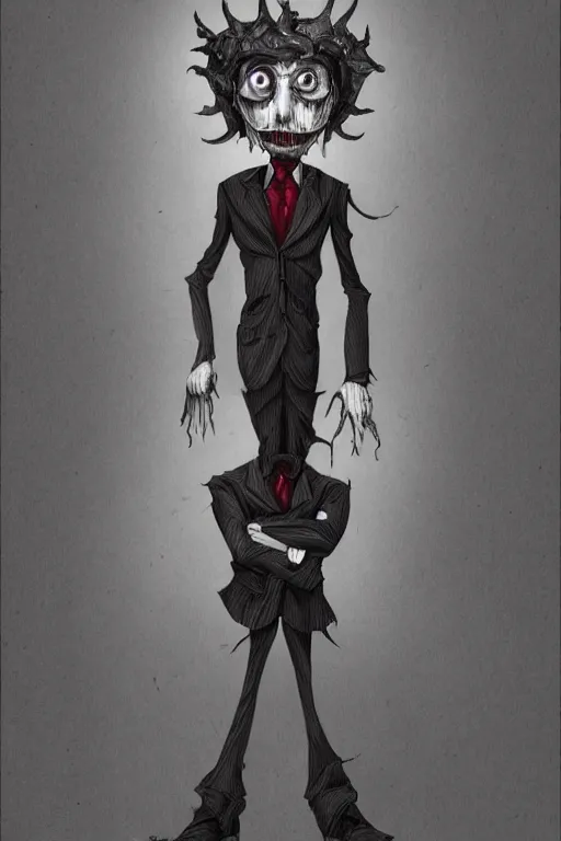 Image similar to creepy demon in a suit, tim burton, detailed, highly detailed, concept art, artstation, comic aesthetic, creepy aesthetic, toon shading, cel shading,