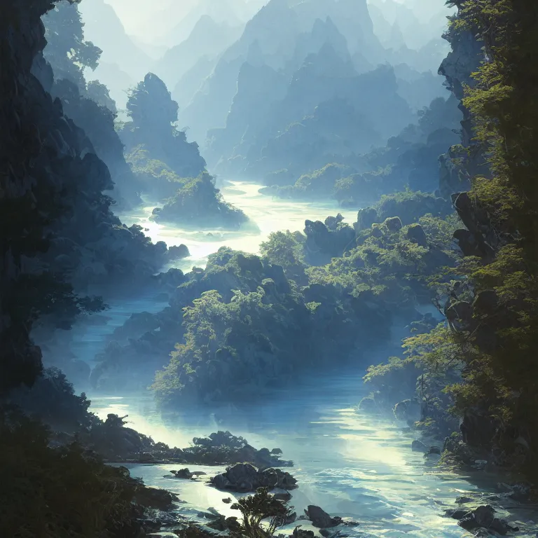 Image similar to Mountain river flows through a fantasy landscape gorge. A big blue lake in the middle of the mountains. Fabulous nature, amazing seascape, highly detailed, digital painting, artstation, concept art, smooth, sharp focus, illustration, art by greg rutkowski and alphonse mucha