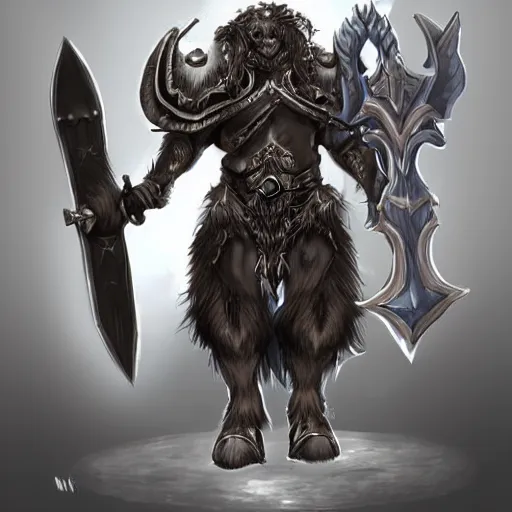Image similar to minotaur tauren warrior, black fur blue eyes, plate armor battle axe, fantasy concept art