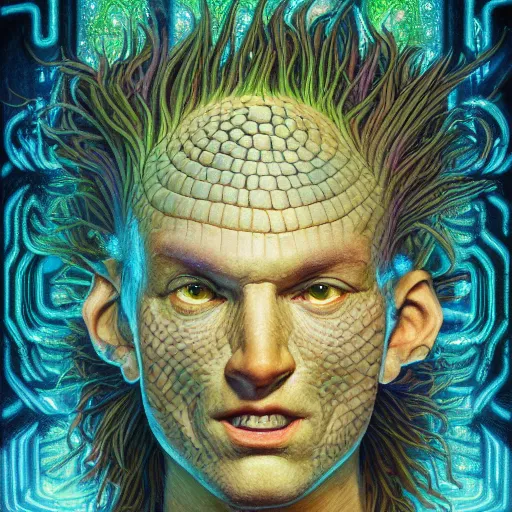 Image similar to lucky fungus labyrinth mohawk scales projector portrait by gaston bussierre and charles vess and james jean and erik jones and rhads, inspired by rick and morty, epic, funny, huge scale, beautiful fine face features, intricate high details, sharp, ultradetailed