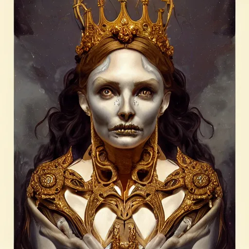 Image similar to portrait of Hecate as a marble statue skeleton, greek mythology, gold crown and filaments, intricate, headshot, highly detailed, digital painting, artstation, concept art, sharp focus, cinematic lighting, illustration, art by artgerm and greg rutkowski, alphonse mucha, cgsociety