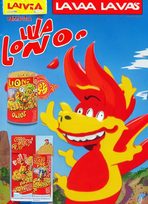 Prompt: lava - os cereal box front, cereal that tastes like lava, cartoon dragon mascot, 1 9 9 3