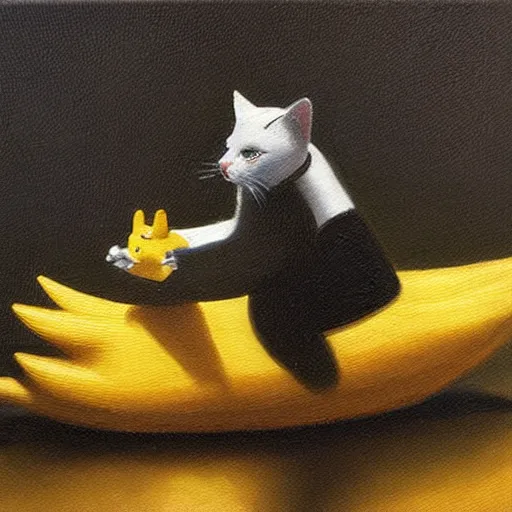 Image similar to cat riding a duck, detailed oil painting