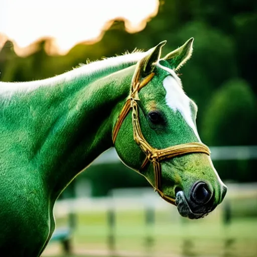 Image similar to a strange being riding a horse, they have green skin and no nose, they're bald, big eyes, very muscular, portrait photography, golden hour,