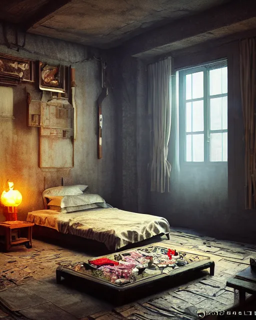 Image similar to artstation scifi scene of a shabby chinese village room in winter lounge furniture, large terrarium, beds, paneled walls, unreal engine 5, hyper realism, realistic shading, cinematic composition, blender render, octane render, hdr, detailed textures, photorealistic, wide shot