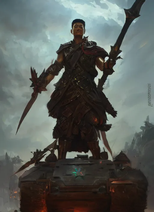 Prompt: portrait of a filipino man with a scepter sitting on a tank, d & d, heartstone, digital painting, volumetric light, intricate, sharp, focus, bloom, illustration, highly detailed, concept art, matte, ruan jia, randy vargas, greg rutkowski