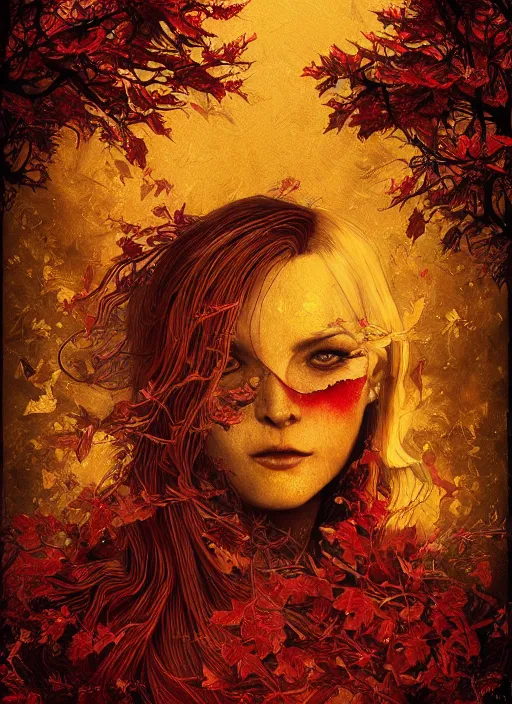 Image similar to gold red black color, golden leaves at frame border, creative!!! composition for a book cover!!!, absurdly beautiful, ultrafine hyperrealistic detailed old witch face by wlop and artgerm and greg rutkowski, intricate linework, sharp focus, smooth, octopath traveler, final fantasy, unreal engine, dramatic lighting, ethereal, 8 k