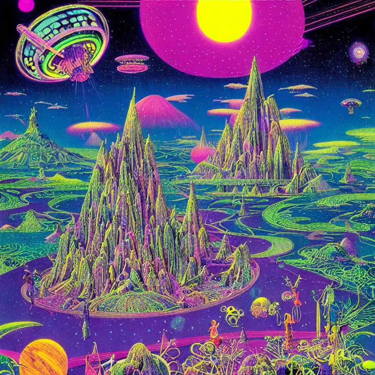 Prompt: mysterious ufo hovering over magical crystal temple, bright neon colors, highly detailed, high resolution, cinematic, hiroo isono, tim white, philippe druillet, roger dean, lisa frank, aubrey beardsley, ernst haeckel