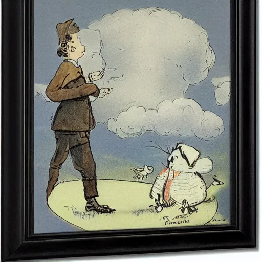 Image similar to candid portrait of white ball in the sky with man's face smiling eyes closed, surrounded by clouds, illustrated by peggy fortnum and beatrix potter and sir john tenniel