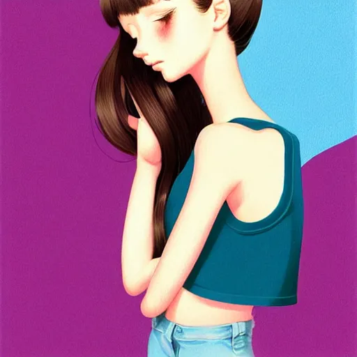 Image similar to richly detailed color  illustration of a dainty pretty young woman wearing a tank top, 'My pet dachshund' is the theme, very soft shadowing, smooth textures, large scale image. art by Range Murata.