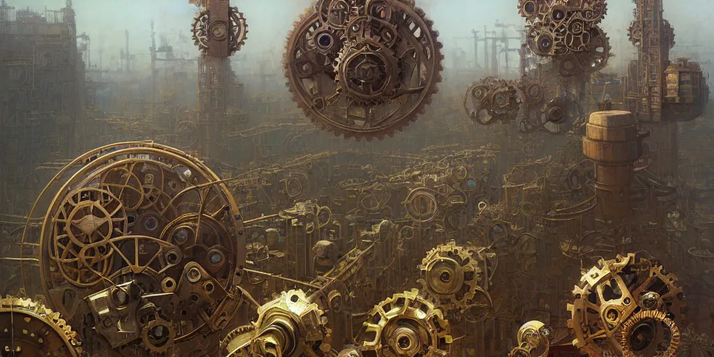 Prompt: giant interlocked cogs sprockets gears cogs, giant geometric mechanisms structures floating in space, industry, villages castles, buildings vista artstation illustration sharp focus vista painted by ruan jia raymond swanland lawrence alma tadema zdzislaw beksinski norman rockwell tom lovell alex malveda greg staples