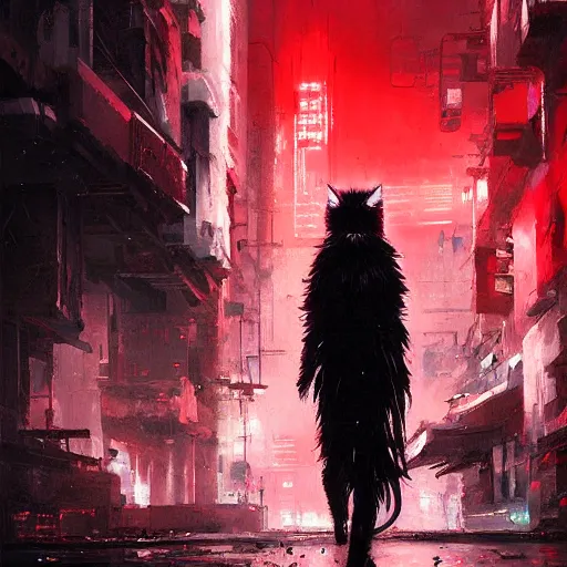 Prompt: cyberpunk white fluffy cat, red symbol, futuristic, brush strokes, oil painting, city background, greg rutkowski