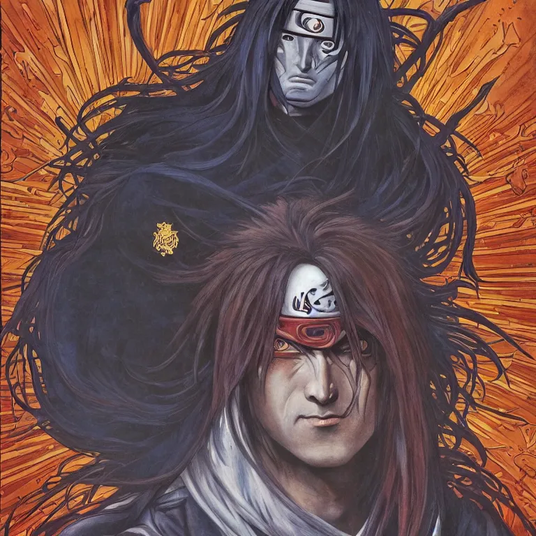 Image similar to portrait of Madara Uchiha!, by Jeff Easley and Peter Elson + beautiful eyes, beautiful face + symmetry face + border and embellishments inspiried by alphonse mucha, fractals in the background, galaxy + baroque, gothic, surreal + highly detailed, intricate complexity, epic composition, magical atmosphere + masterpiece, award winning + trending on artstation