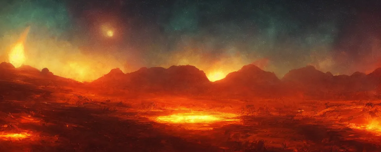 Image similar to ” barren fiery landscape at night, [ cosmic, cinematic, detailed, epic, widescreen, opening, establishing, mattepainting, photorealistic, realistic textures, octane render, art by slop and paul lehr ] ”