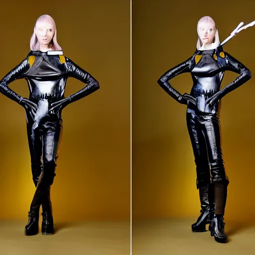 Image similar to fashion photography of an extraterrestrial model, holding a leather whip, wearing demobaza fashion, inside berghain, berlin fashion, harness, futuristic fashion, dark minimal outfit, photo 3 5 mm leica, hyperdetail, berghain, 8 k, very detailed, photo by nick knight