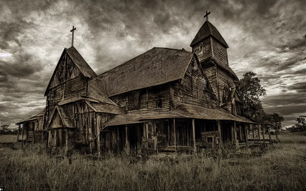 Prompt: a wooden church rotting away in the bayou, realistic, dynamic composition, dramatic lighting, ultra detailed