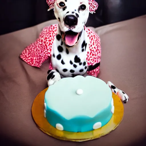 Prompt: female dalmatian with birthday hat eating birthday cake,