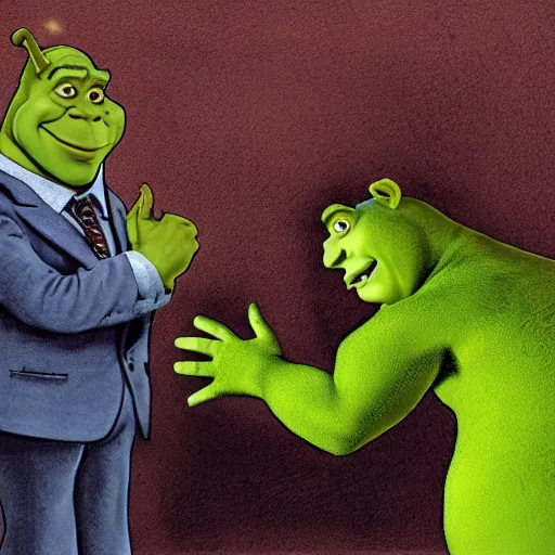 Image similar to Shrek being defended in court by Saul Goodman, detailed hyperrealistic photograph