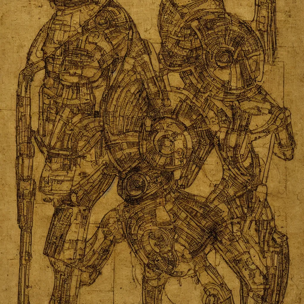 Image similar to c 3 po design schematic by leonardo da vinci, very detailed