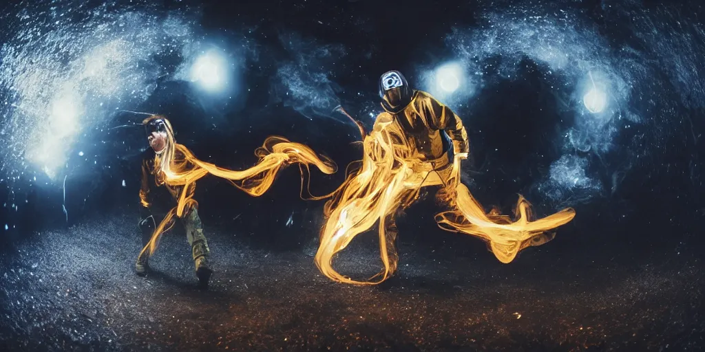 Image similar to music video fisheye slow motion with trail fire and smoke effect of futuristic break dancer wearing long dark cloak and golden helmet emitting fire and crystals, long exposure shot , enigmatic, at night on the surface of the moon, paddle of water, steam, fog, water splashes, rim lights, glossy reflections, water droplets on lens, octane render, Volumetric dynamic lighting, stunning cover magazine, high details, hajime sorayama