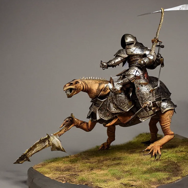 Prompt: diorama of a medieval knight riding a dinosaur, swords drawn to attack, highly detailed, award winning mini painting, studio lighting