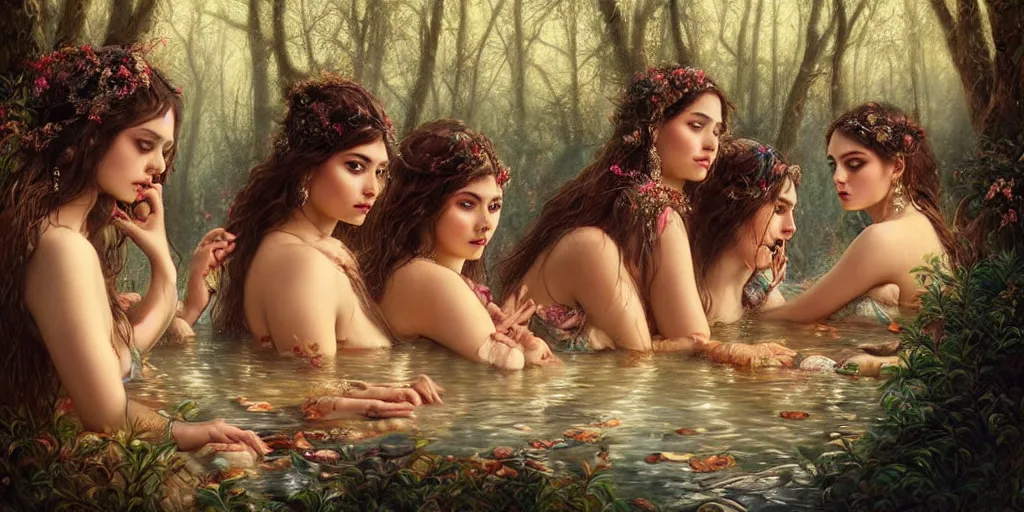 Image similar to a portrait of a group of female gypsies bathing in a forest lake by karol bak and jia ruan, beautiful detailed eyes, photorealistic, fantasy, intricate, elegant, highly detailed, digital painting, 4 k, hdr, concept art, detailed jewelry, smooth, sharp focus, illustration, art by artgerm