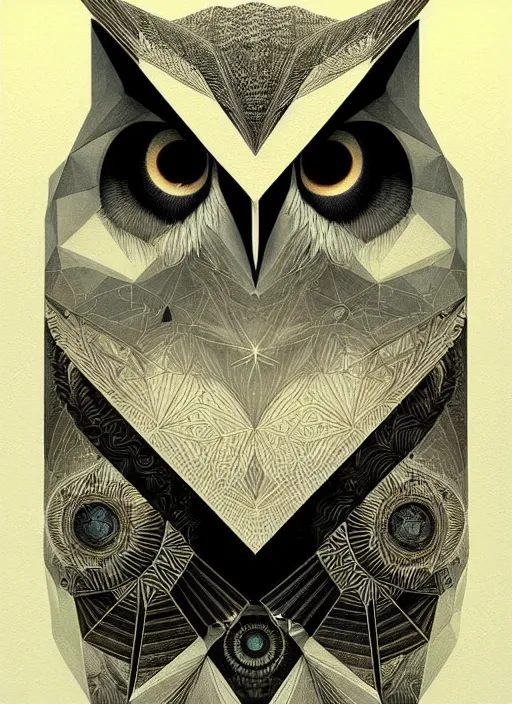 Image similar to portrait of a geometric owl, identical eyes, medium shot, illustration, full body made of white feathers, symmetrical, art stand, super detailed, cinematic lighting, and its detailed and intricate, gorgeous, by peter mohrbacher