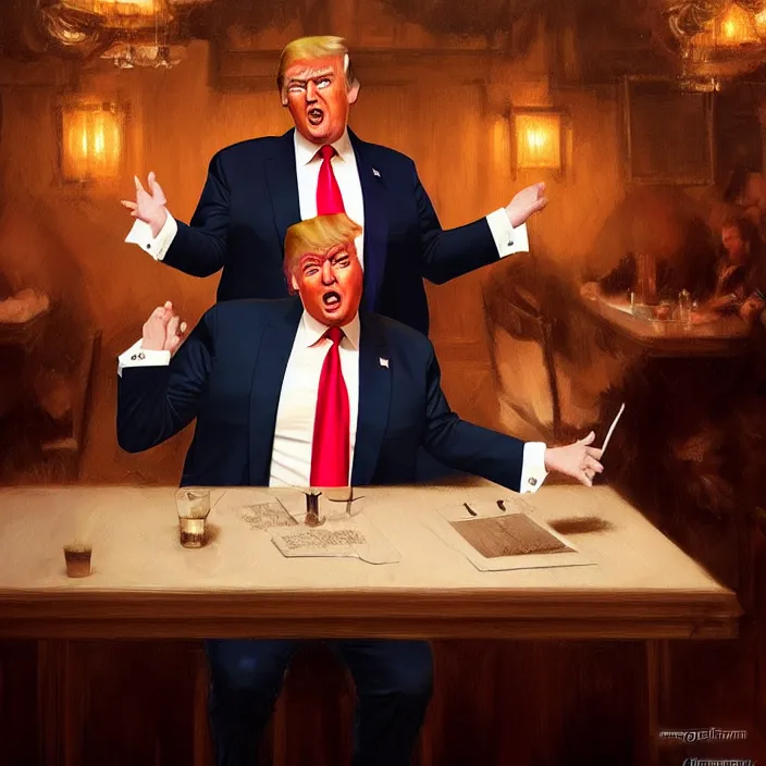 Image similar to donald trump singing on a table in a bar, elegant, real life skin, intricate artwork, high detailed, artstation, concept art, smooth, sharp focus, art by artgerm and greg rutkowski