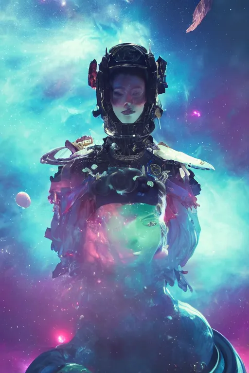 Image similar to a fancy portrait of a broken automaton floating in the vacuum of space with a colourful nebula behind her by dustin nguyen, sung choi, mitchell mohrhauser, maciej kuciara, johnson ting, maxim verehin, peter konig, bloodborne, 8 k photorealistic, cinematic lighting, hd, high details, dramatic, dark atmosphere, trending on artstation