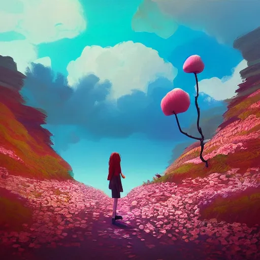 Image similar to giant cherry flower as a head, girl walking in a canyon, surreal photography, sunrise, dramatic light, impressionist painting, colorful clouds, digital painting, artstation, simon stalenhag