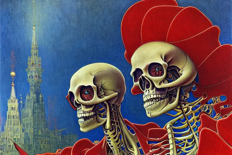 Image similar to realistic detailed closeup portrait painting of a single skeleton wearing red velvet blazer in a crowded futuristic moscow street by Jean Delville, Amano, Yves Tanguy, Alphonse Mucha, Ernst Haeckel, Edward Robert Hughes, Roger Dean, rich moody colours, blue eyes