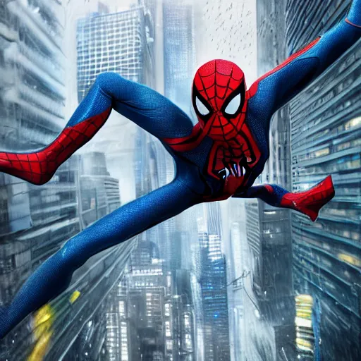 Prompt: Spider-Man web-swinging through a cyberpunk city in the rain, hyperrealistic oil painting, 4k, studio lighting