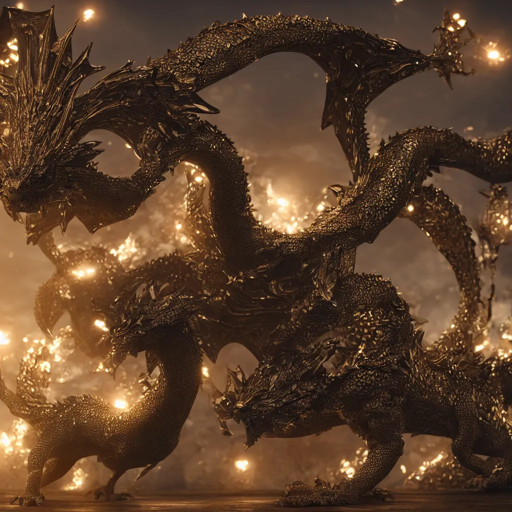 Image similar to dragon with big sequins and engraved on obsidian, art staton, octane render, 4 k, 8 k, colony, man standing