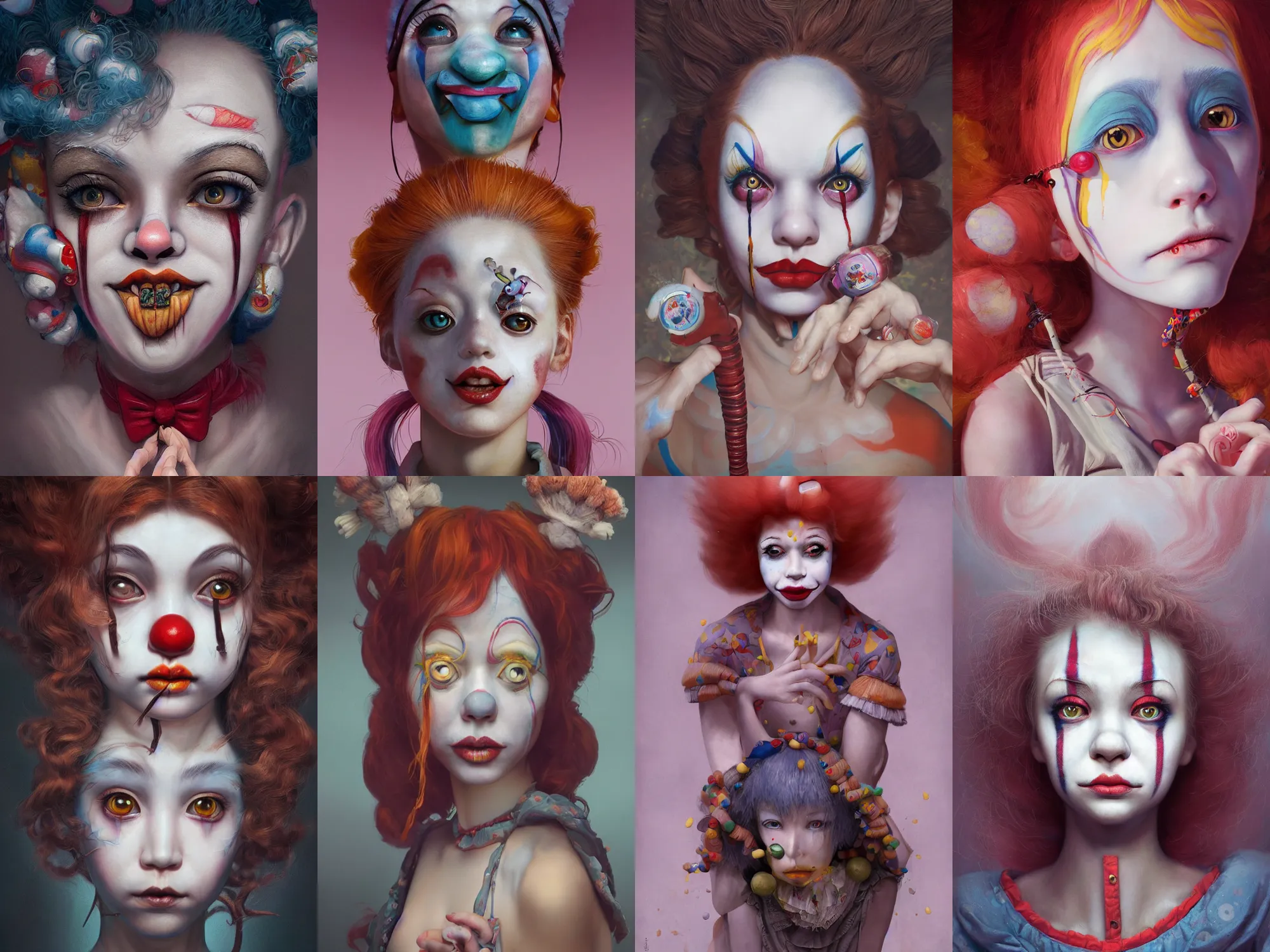 Image similar to breathtaking detailed painting of clown girl , with anxious, piercing eyes, Atari game cover art by Hsiao-Ron Cheng, James jean, Miho Hirano, Hayao Miyazaki, extremely moody lighting, hyperrealistic, octane render, RPG portrait, ambient light, dynamic lighting