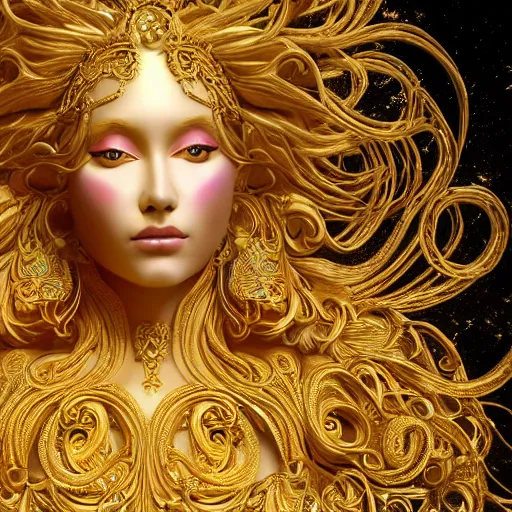 Image similar to psychadelic goddess made of golden marble, beautiful face, hyper detailed, flowing psychadelic background intricate and detailed, ornate 8 k gorgeous intricate detailed, octane render