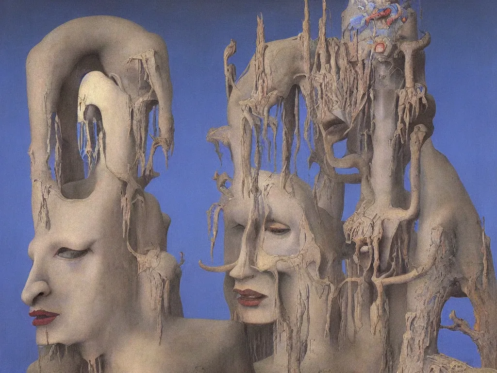 Image similar to Albino mystic with his back turned, looking in the distance at giant totemic archaic sculpture mask temple made from Lapis Lazuli. Painting by Jan van Eyck, Beksinski, Rene Magritte, Agnes Pelton, Max Ernst, Walton Ford