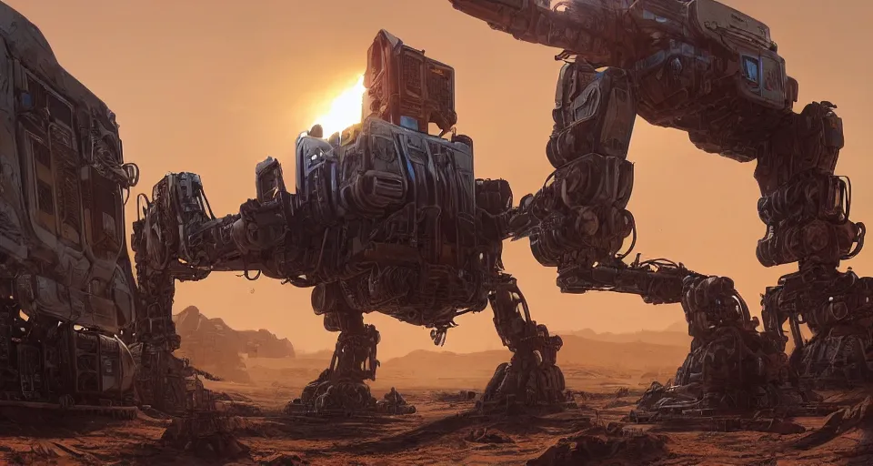 Prompt: a colossal mech that has died and is being overtaken by dirt and sand and rust in a desert inspired ilm, beeple, star citizen halo, mass effect, starship troopers, elysium, iron smelting pits, high tech industrial, warm saturated colours