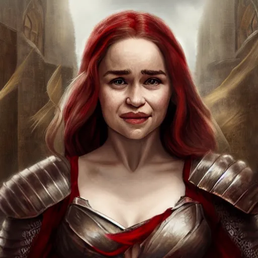 Image similar to emilia clarke, as a medieval fantasy character, with dark reddish hair, wearing light, silver armor and red clothing, tan complexion, holding a longsword, smiling, noble, cinematic, gloomy background, realistic, digital art, character art, 8 k