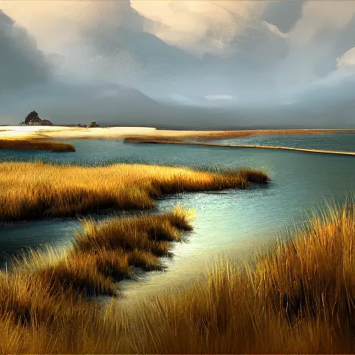 Image similar to salt marshes of Shangri-la, felix Kelly, digital art, artstation