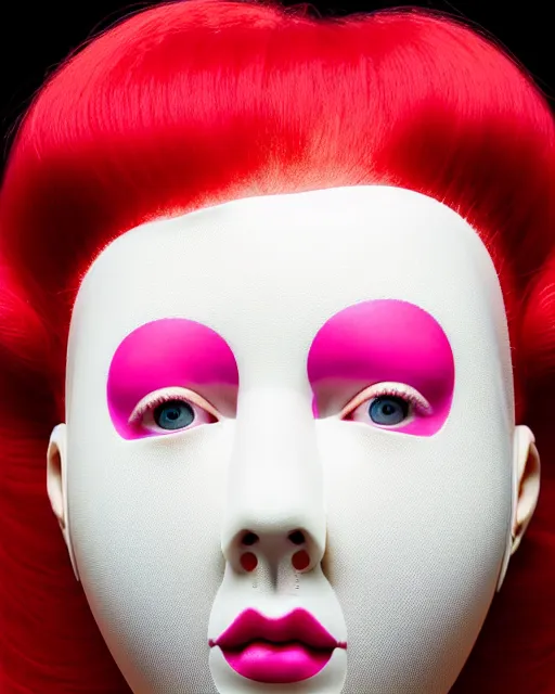 Image similar to symmetrical close - up portrait of a woman wearing a pink silicone beauty mask and red hair rolls, wearing a red bodysuit by alexander mcqueen, cream white background, biotechnology, humanoide robot, bjork aesthetic, translucent, by rineke dijkstra, masterpiece,