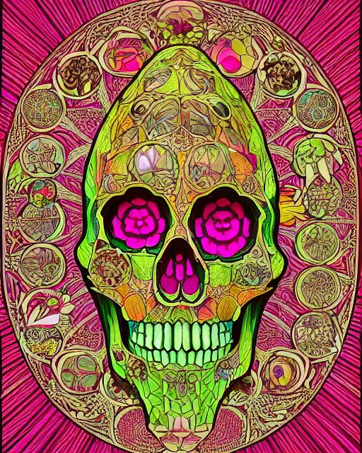 Image similar to Carved ruby skull art surrounded by varities of pineapple, cell shading, voronoi, fibonacci sequence, sacred geometry by Alphonse Mucha, Moebius, hiroshi yoshida, Art Nouveau, colorful, ultradetailed, vivid colour, 3d