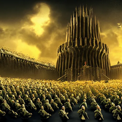 Prompt: An army of minions attack helms deep, lord of the rings concept art, sharp lighting, 4k, detailed, bright colors