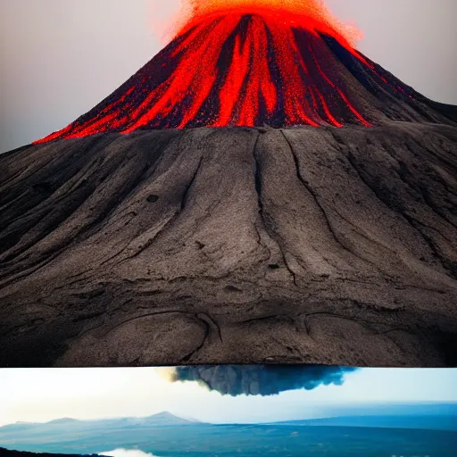 Prompt: volcanic eruption viewed from a distance, cinematic shot, award winning photograph