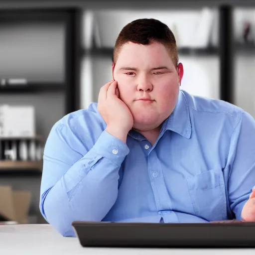 Image similar to a young man called richard being slightly obese sitting in front of hos lenovo thinkpad laptop and talking to himself